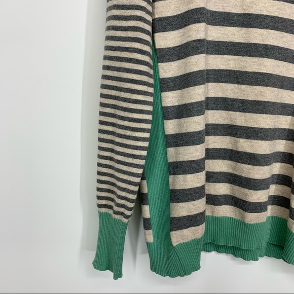 Olive & Oak Wide Striped Soft Preppy Fitted Scoop Neck Sweater Gray Cream Green - Picture 5 of 13